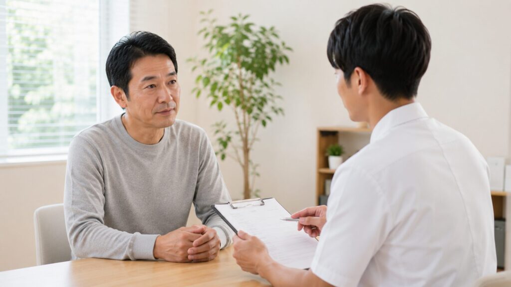 腰椎椎間板ヘルニアの治療について専門家と相談する日本人男性のイメージ