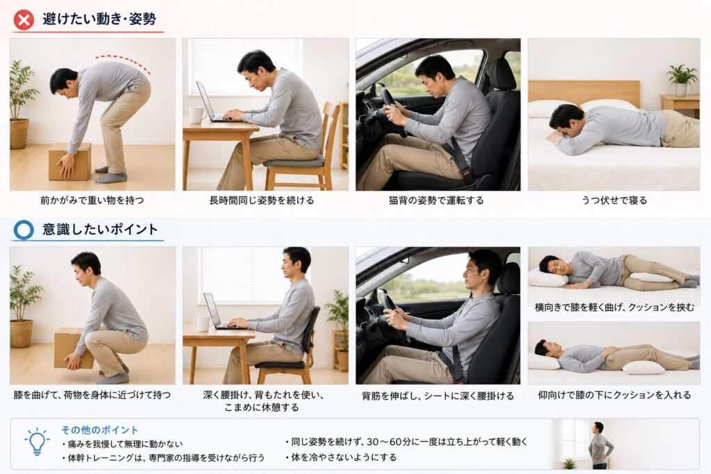 腰への負担を減らす日常生活の正しい姿勢を意識する男性