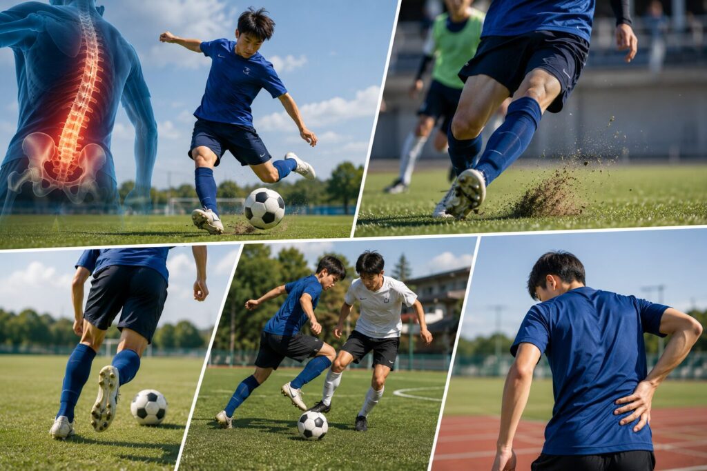 サッカー選手に腰痛が多い理由であるキック動作、急停止、片足支持による腰への負担を表現した画像