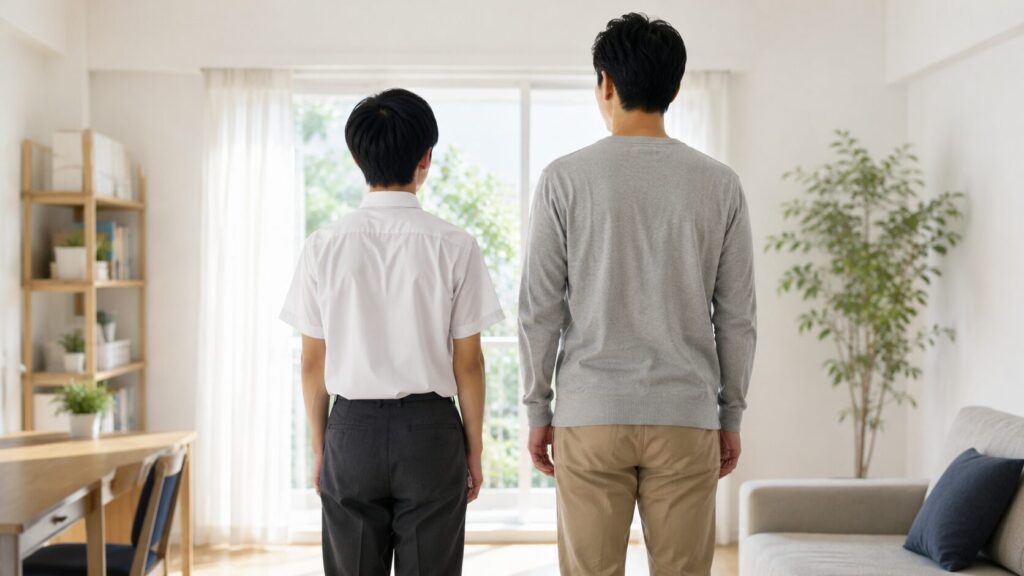 成長期の学生と大人が並び、体格や身体の成長の違いを表現したイメージ