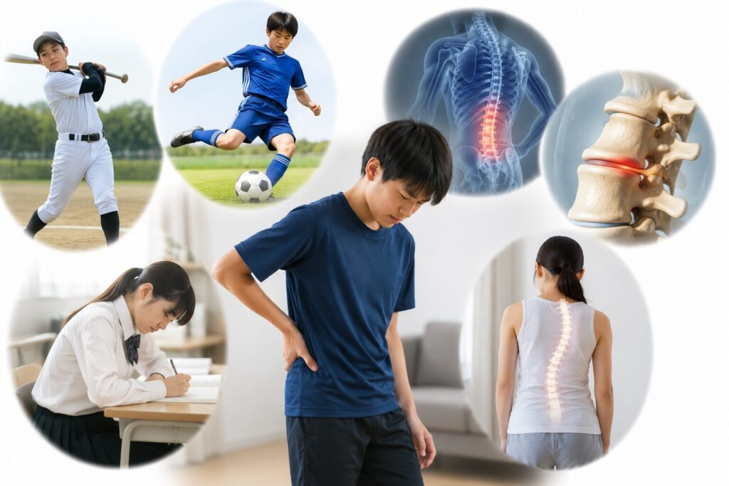 子どもの腰痛と腰椎分離症や側弯症などの疾患を表したイメージ画像