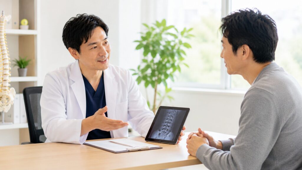 腰椎ヘルニアの治療方針について医師から保存療法の説明を受ける患者のイメージ