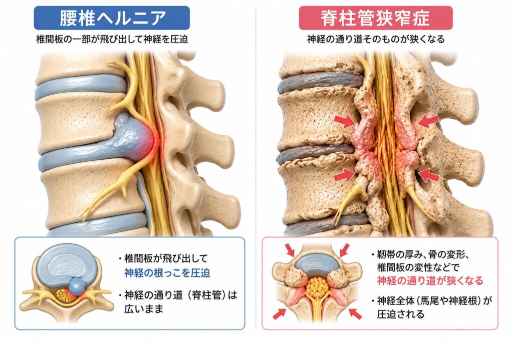 腰椎椎間板ヘルニアと脊柱管狭窄症の原因や神経の圧迫部位の違いを比較したイラスト