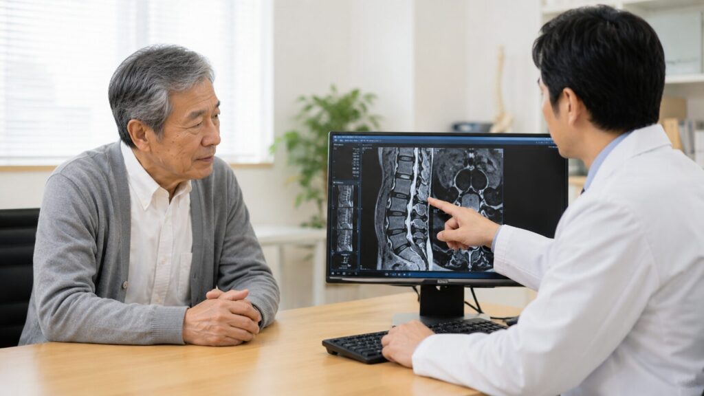 脊柱管狭窄症が疑われる患者が整形外科で検査結果の説明を受けるイメージ」