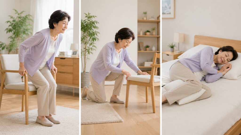 脊柱管狭窄症の方が自宅で安全に立ち上がる方法と楽な寝姿勢を表現したイメージ