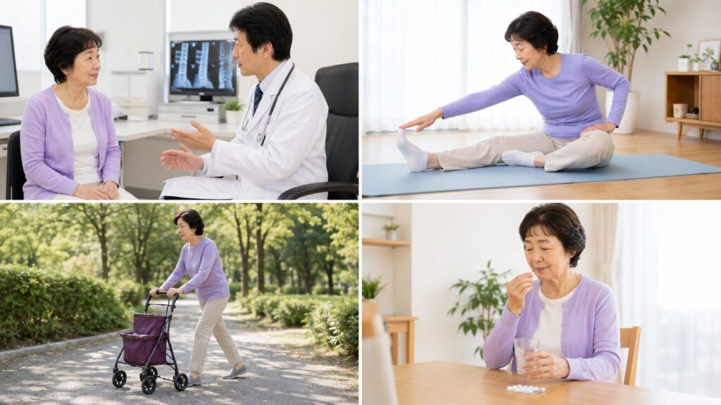 脊柱管狭窄症の保存療法として診察・運動療法・歩行・服薬を組み合わせたイメージ