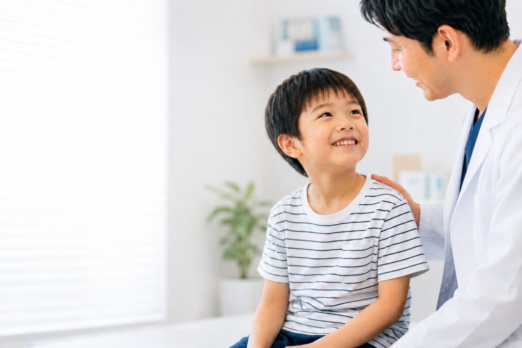 医師の診察を受ける子どもと腰椎ヘルニアの相談シーン.png