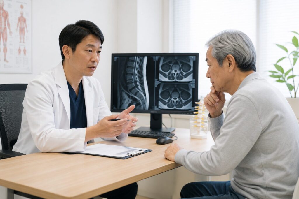混合型の脊柱管狭窄症でMRI画像を見ながら医師と治療方針を相談する患者のイメージ