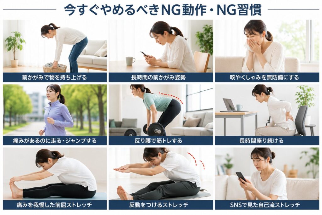 腰椎ヘルニアで避けたいNG動作やNG習慣をまとめたイメージ