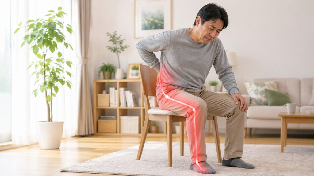 腰から足にかけて痛みやしびれが広がる腰椎ヘルニアの症状イメージ