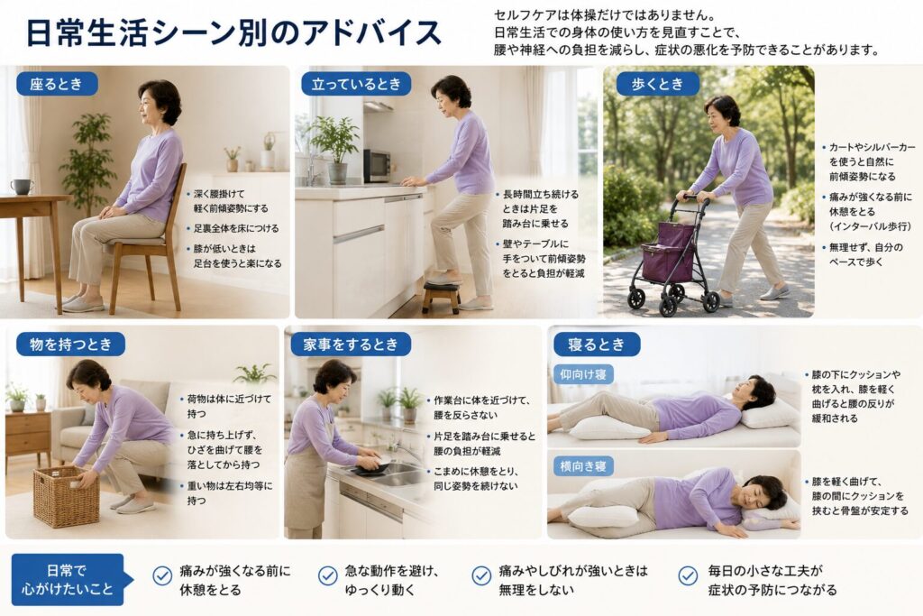 脊柱管狭窄症の日常生活で腰や神経への負担を減らす姿勢や動作をまとめたイメージ