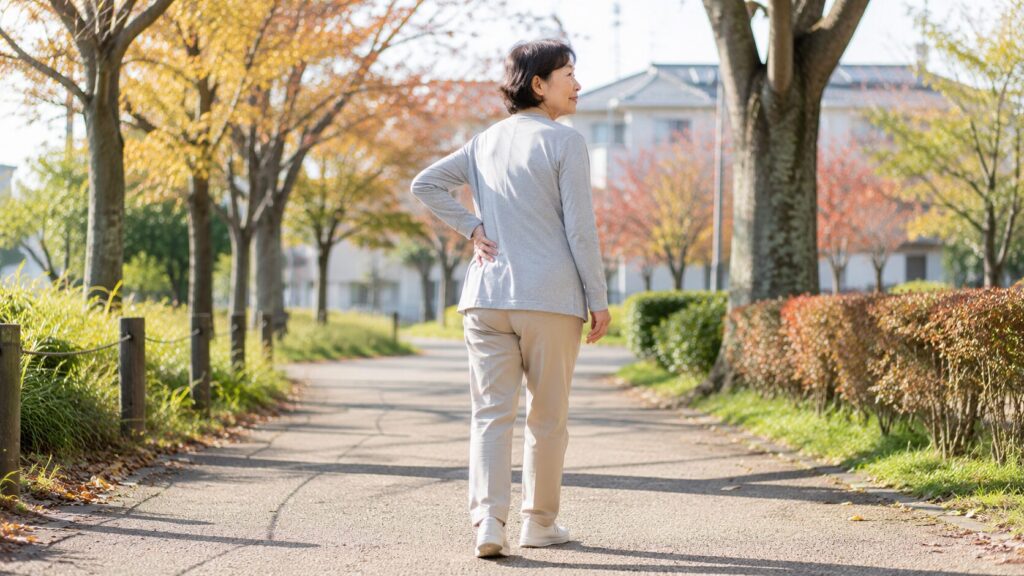 60代女性が腰に手を添えながら散歩する脊柱管狭窄症のイメージ