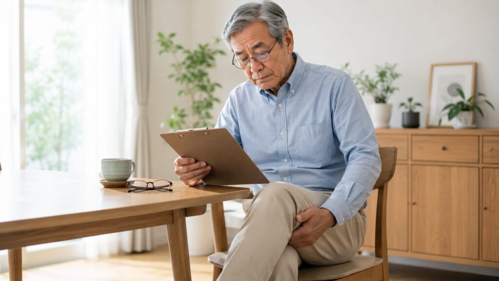 脊柱管狭窄症のタイプをセルフチェックしている男性のイメージ