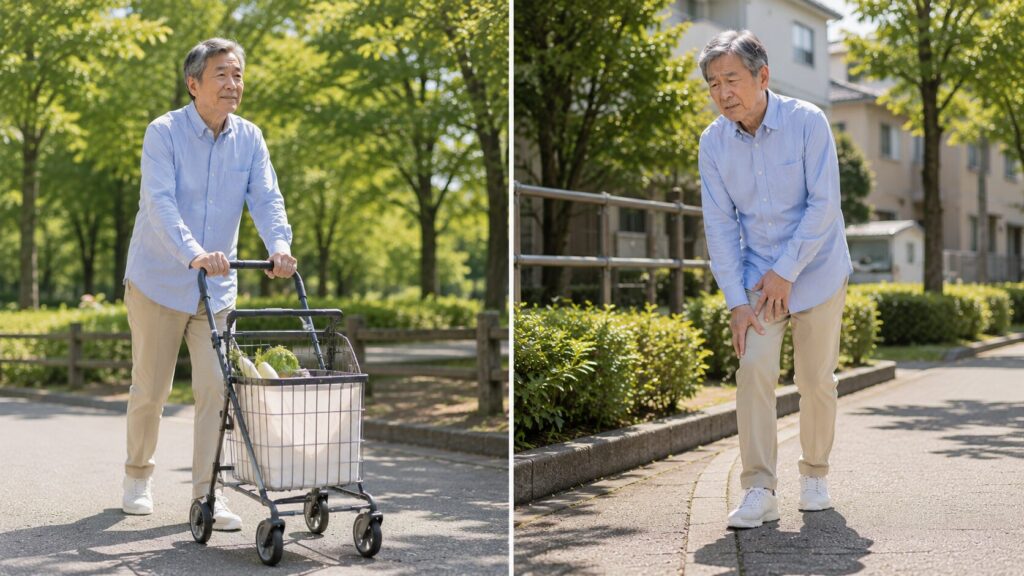 神経性間欠性跛行と血管性間欠性跛行の2つの原因を比較したイメージ