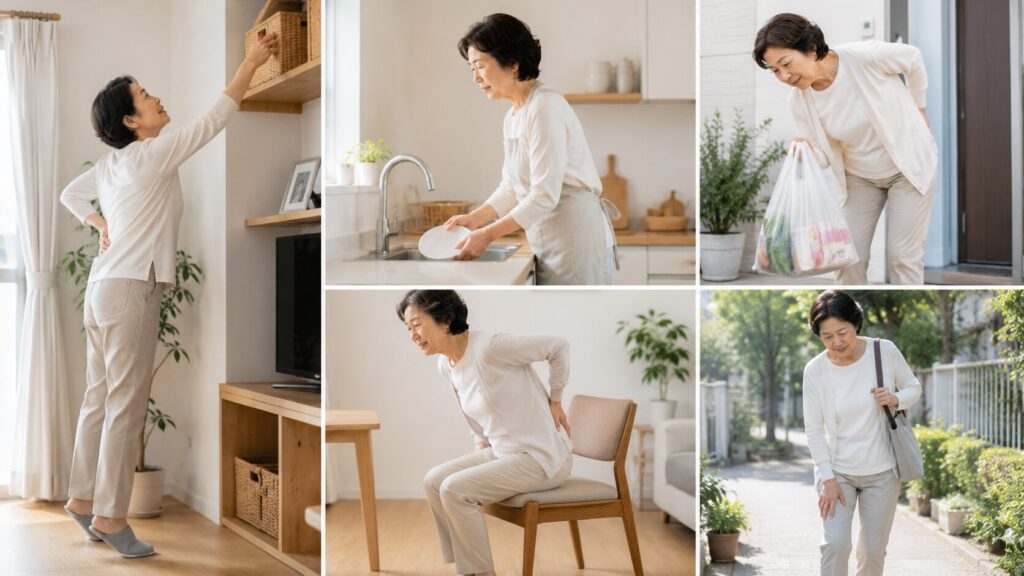 脊柱管狭窄症で避けたい日常生活の動作をまとめたイメージ