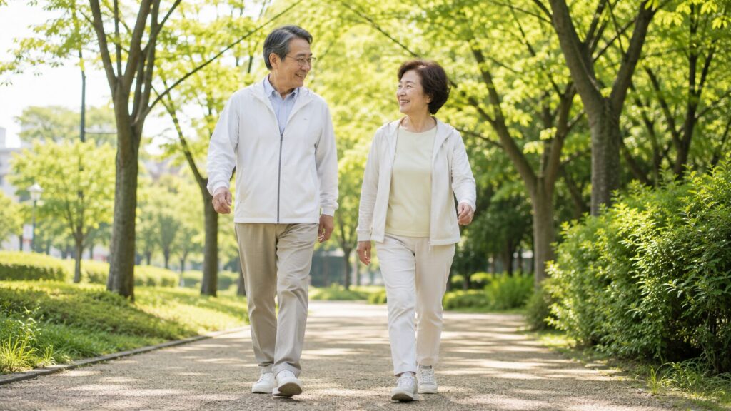 歩ける距離を維持するために無理のない散歩を続ける高齢女性のイメージ