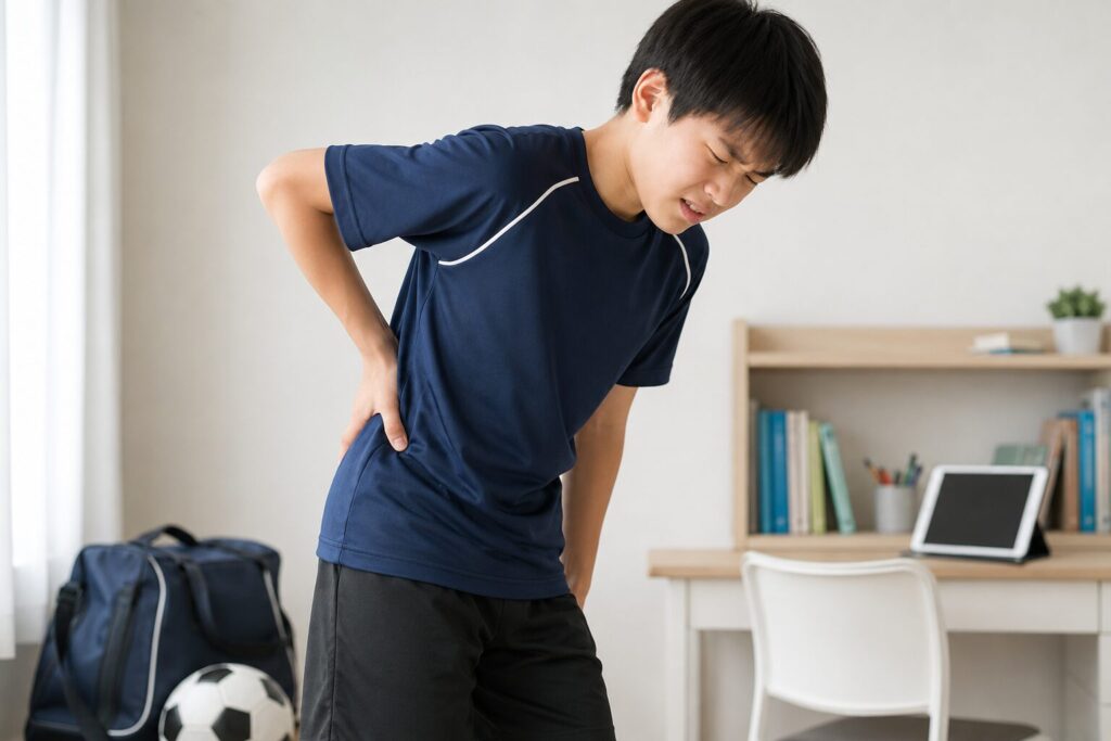 スポーツや勉強による負担で腰痛を訴える中学生の男の子