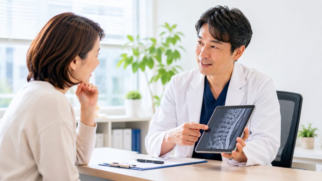 腰椎ヘルニアと診断され治療方針について医師から説明を受ける患者のイメージ