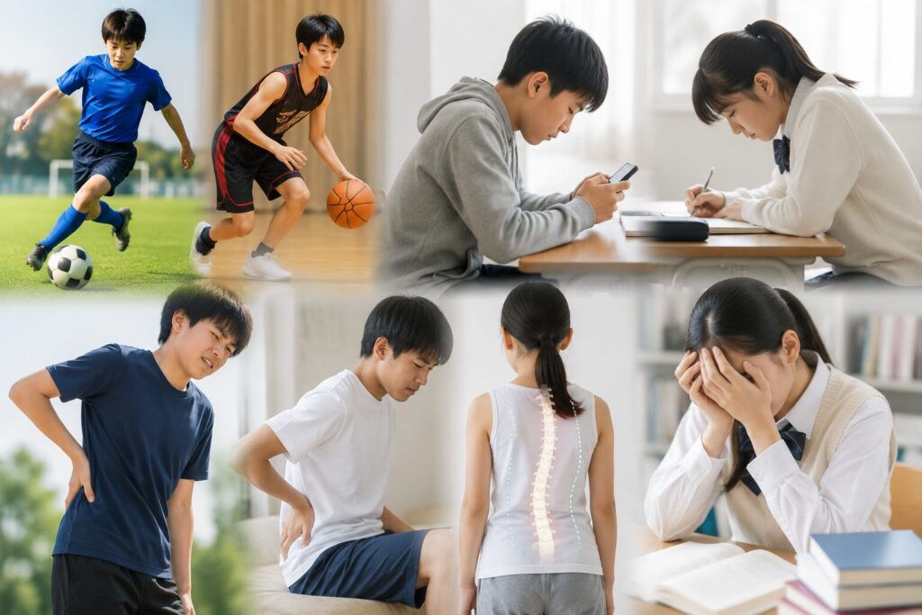 中学生の腰痛の原因となるスポーツや猫背姿勢、成長期の身体の変化を表したイメージ