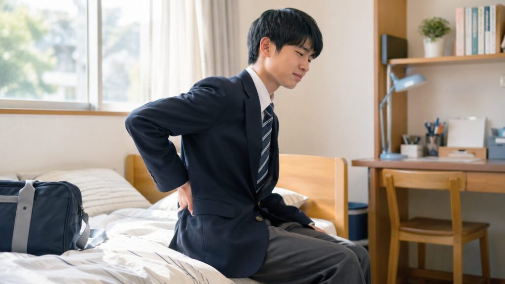 制服姿の日本人高校生が自宅のベッドに座り、腰に手を当てて違和感を感じている様子