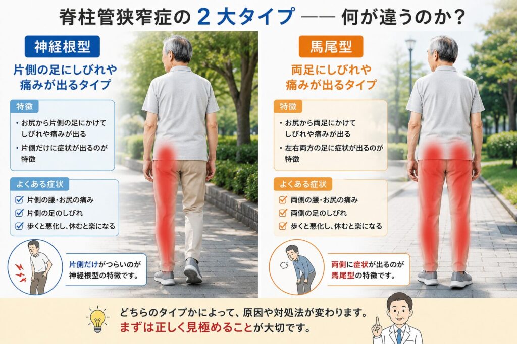 片足に症状が出やすい神経根型と、両足に症状が出やすい馬尾型の違いを比較したイラスト