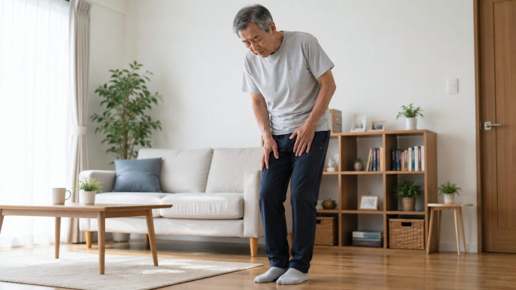 歩行時の症状を確認しながらセルフチェックを行う男性のイメージ