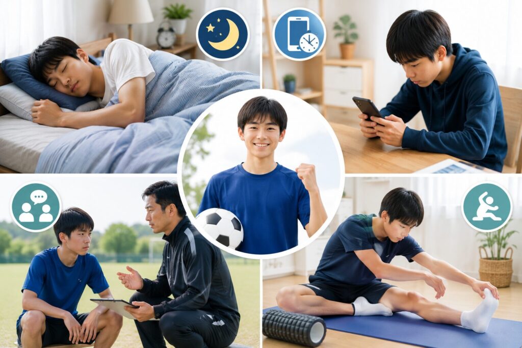 子どもの腰痛予防に役立つ睡眠習慣、スマホ時間の見直し、運動量の調整、ストレッチを表したイメージ画像