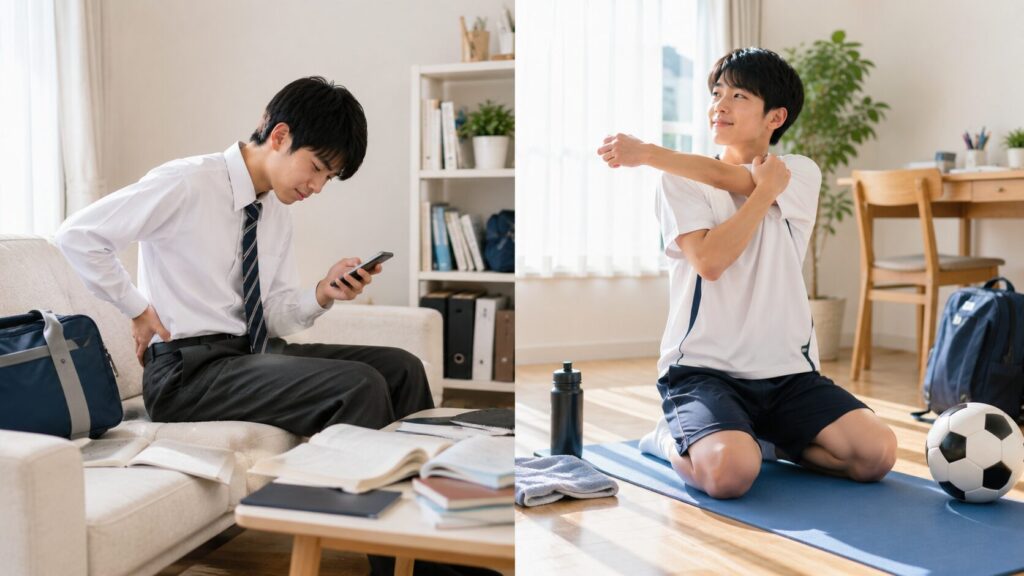 子どもの腰への負担となる生活習慣と改善につながる運動を表現したイメージ」