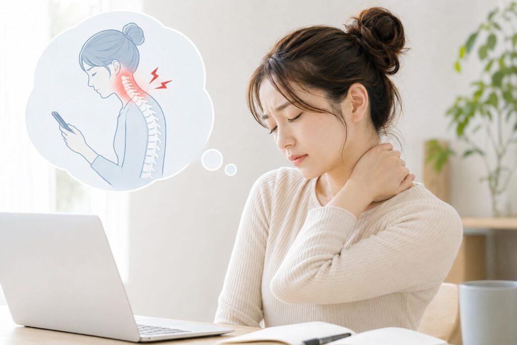首こりが治らない人にみられる姿勢不良と首への負担のイメージ