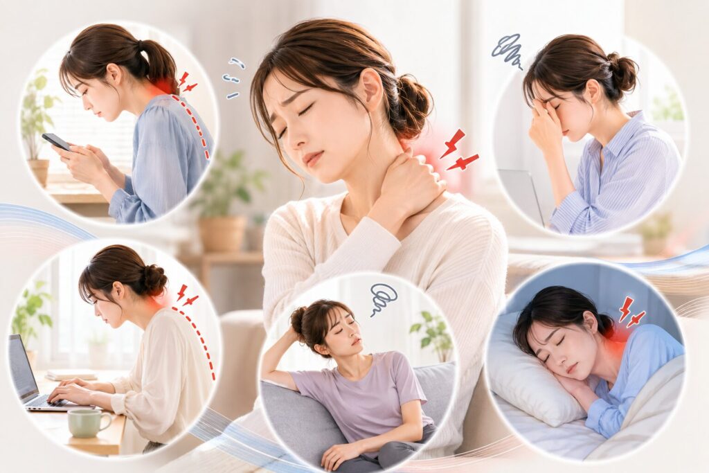 スマホ姿勢やストレスによる慢性的な首こりに悩む女性のイメージ