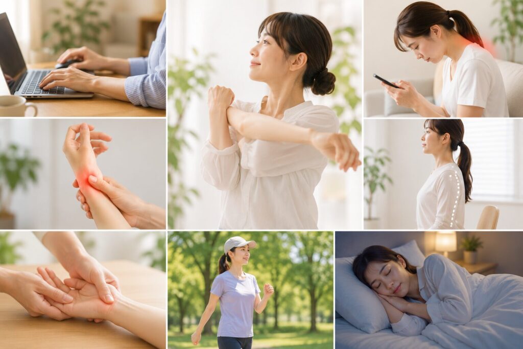 腱鞘炎の再発予防のために、ストレッチや正しい姿勢、適度な運動、十分な睡眠を取り入れた健康的な生活習慣を表したイメージ画像