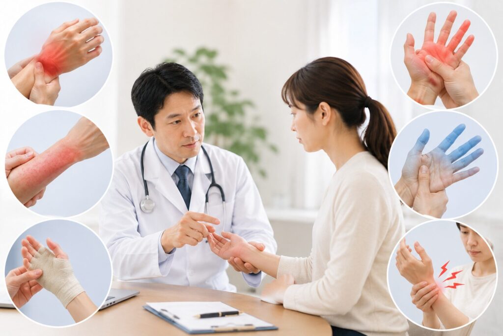 腱鞘炎の症状がある手首や親指を医師が評価し、受診が必要な症状について説明しているイメージ画像