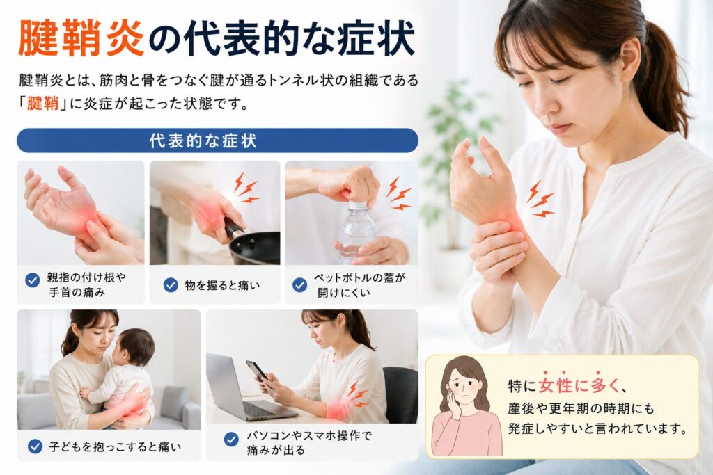 腱鞘炎の代表的な症状を示したイメージ画像。親指や手首の痛み、物を握る動作や抱っこ、スマホ操作で痛みが出る様子を表現