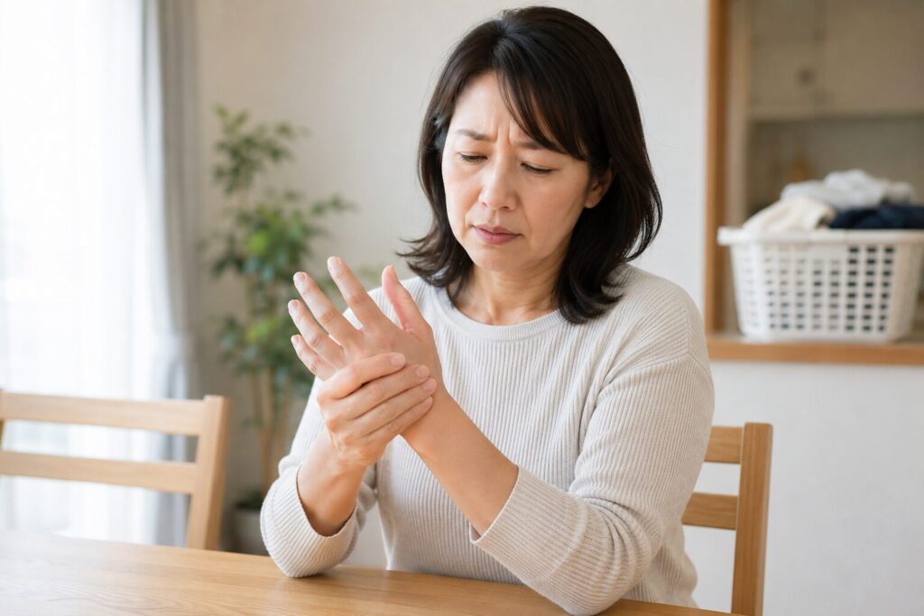 ばね指による指の痛みや動かしにくさに悩む更年期世代の女性のイメージ画像