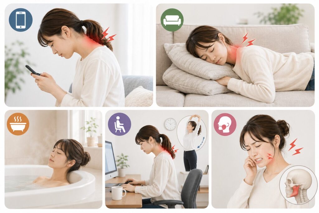 スマホ姿勢や運動不足など首こりを悪化させる習慣のイメージ