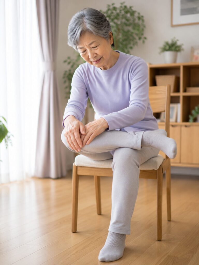 高齢者が椅子を使って安全にお尻のストレッチを行う坐骨神経痛のセルフケアイメージ