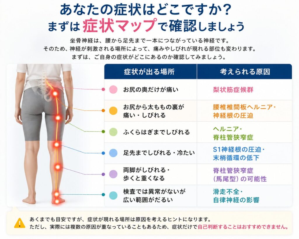 坐骨神経痛の症状が現れる部位と考えられる原因をまとめた症状マップ