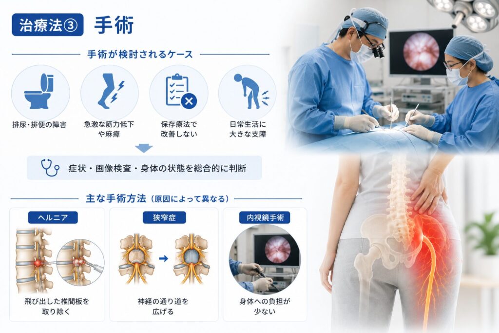 坐骨神経痛に対する手術の適応やヘルニア・脊柱管狭窄症・内視鏡手術を紹介した図
