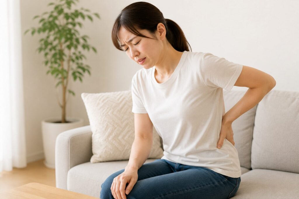 腰痛で腰を押さえる女性を通して、腰だけではなく身体全体のバランスを確認する重要性を表現したイメージ画像