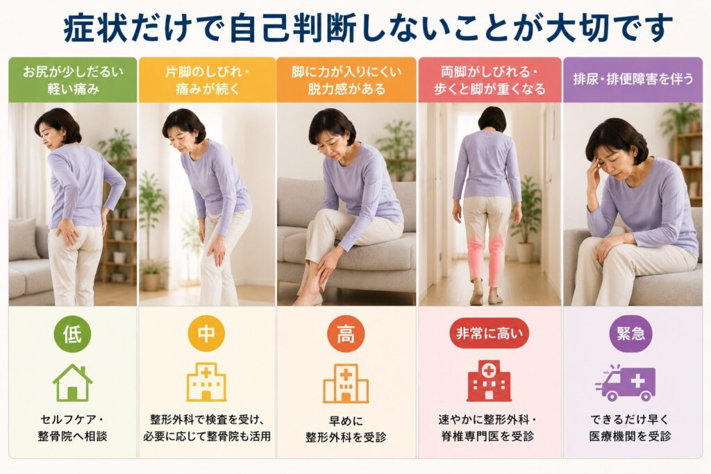 坐骨神経痛の症状別に受診の目安や緊急度をまとめたイラスト