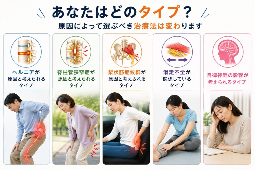 ヘルニア・脊柱管狭窄症・梨状筋症候群・滑走不全・自律神経の5つのタイプ別に治療法を選ぶ考え方を紹介した図