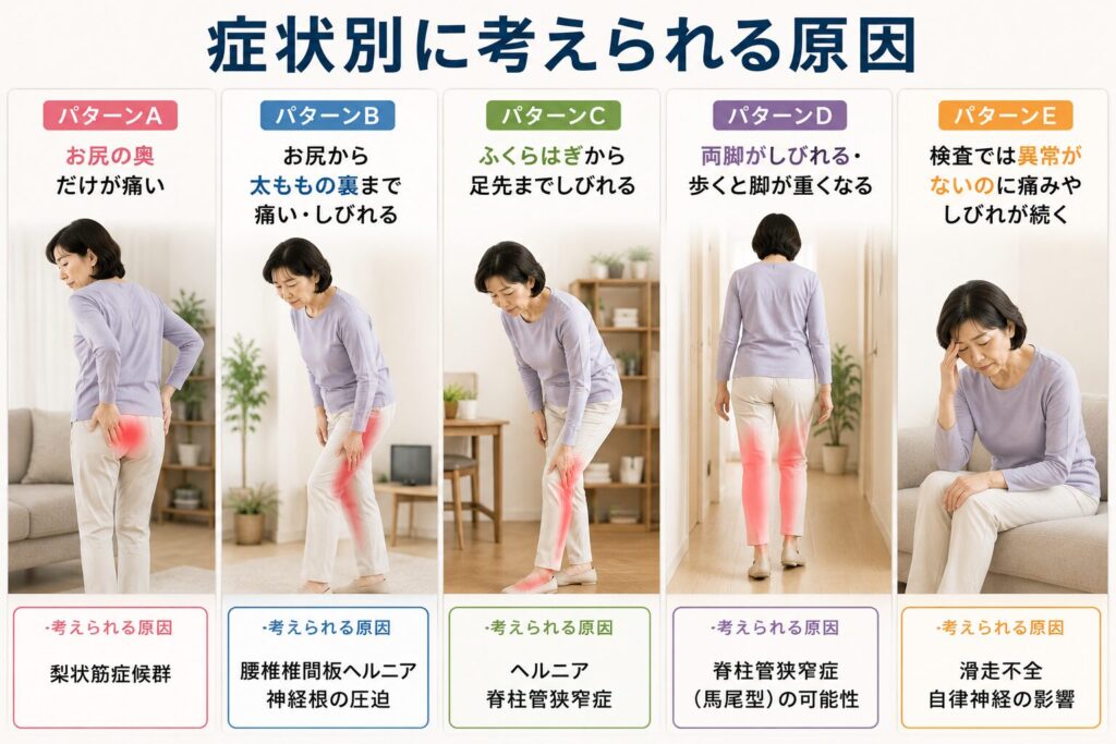 坐骨神経痛で症状が現れる部位ごとに考えられる原因の違いを表現したイメージ