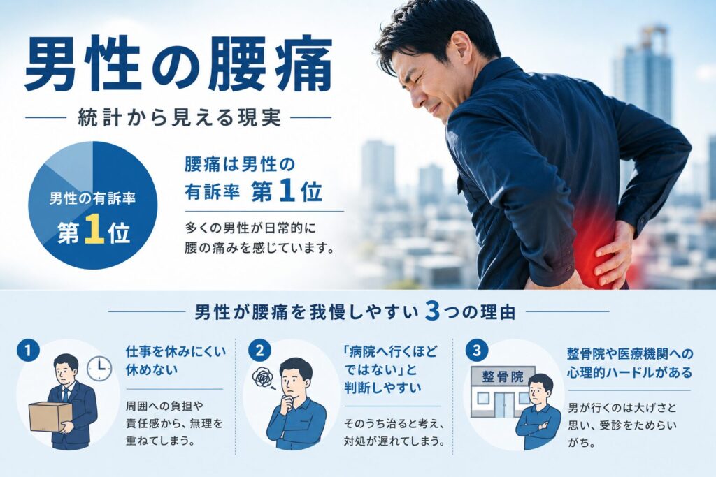 男性が腰痛を我慢しやすい3つの理由と統計を示したイラスト