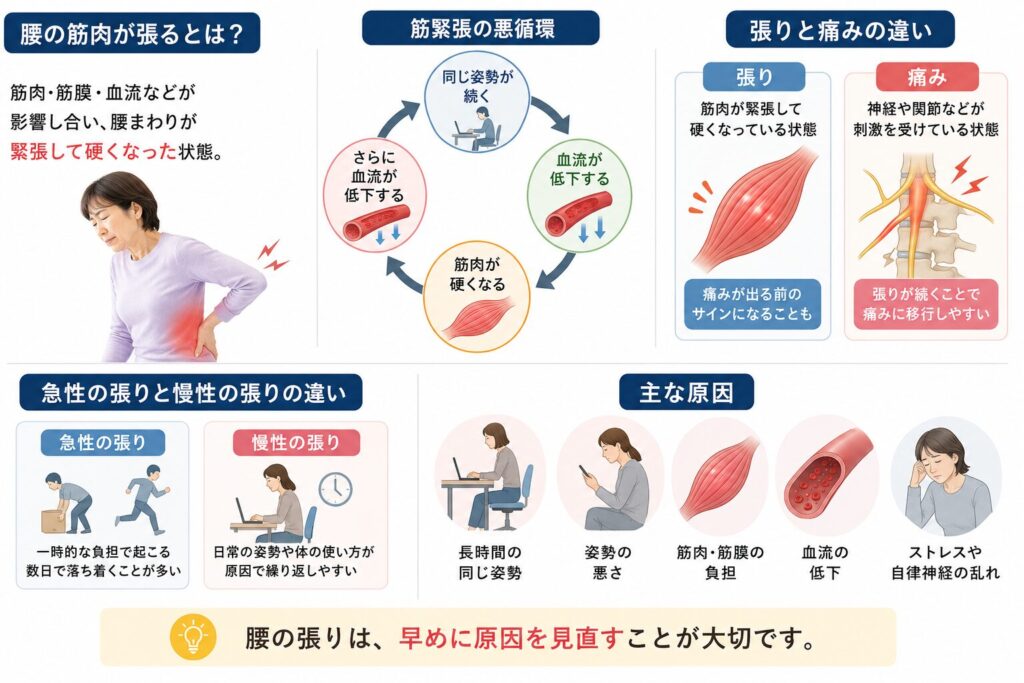 腰の筋肉が張る原因や筋緊張の悪循環、張りと痛みの違いを解説したイラスト