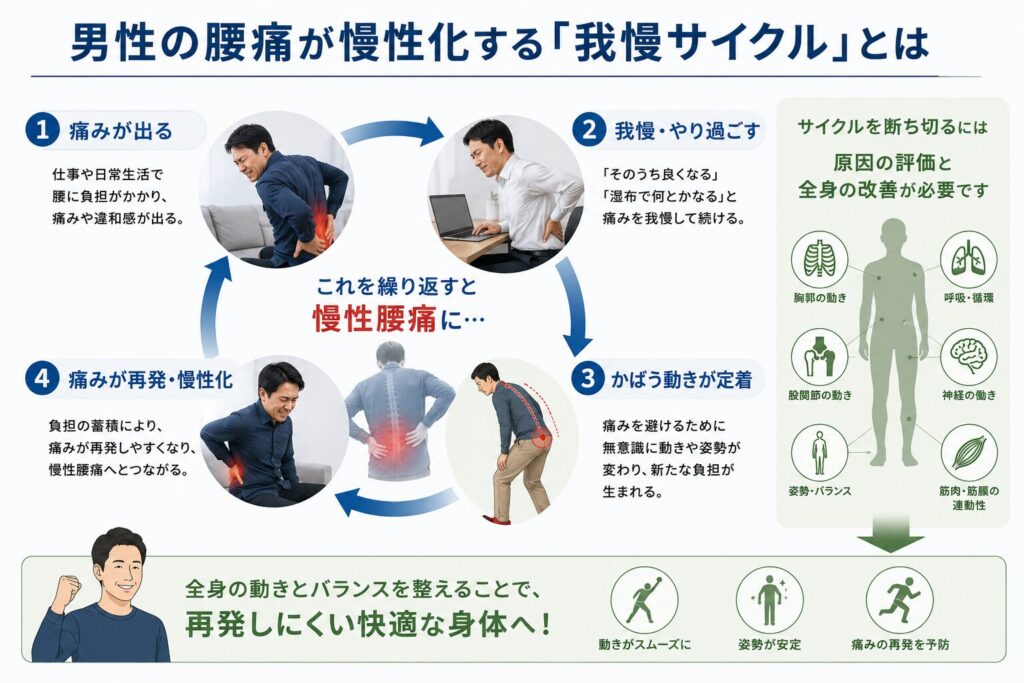男性の慢性腰痛が、痛みを我慢することで再発を繰り返す「我慢サイクル」と全身評価の重要性を解説したイラスト