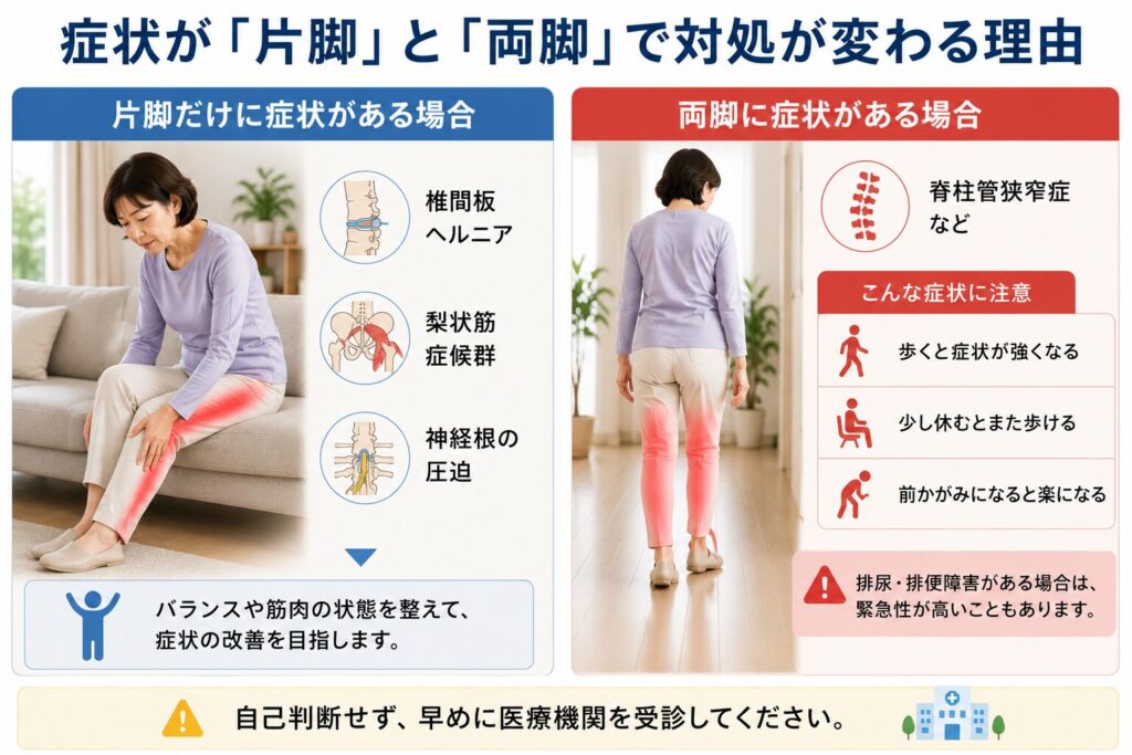 坐骨神経痛で片脚だけに症状が出る場合と両脚に症状が出る場合の違いを比較したイラスト