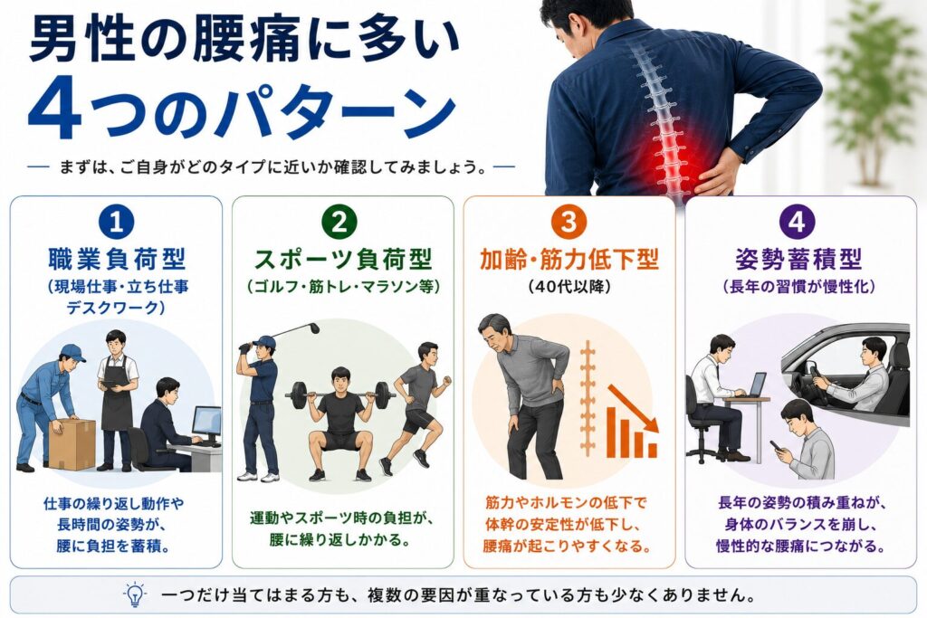 男性の腰痛に多い4つの原因パターンを示したイラスト