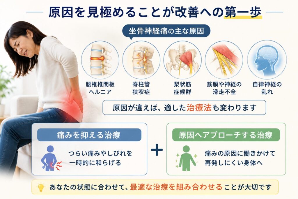 坐骨神経痛の原因を見極めて適切な治療法を選ぶことの重要性を表現した図