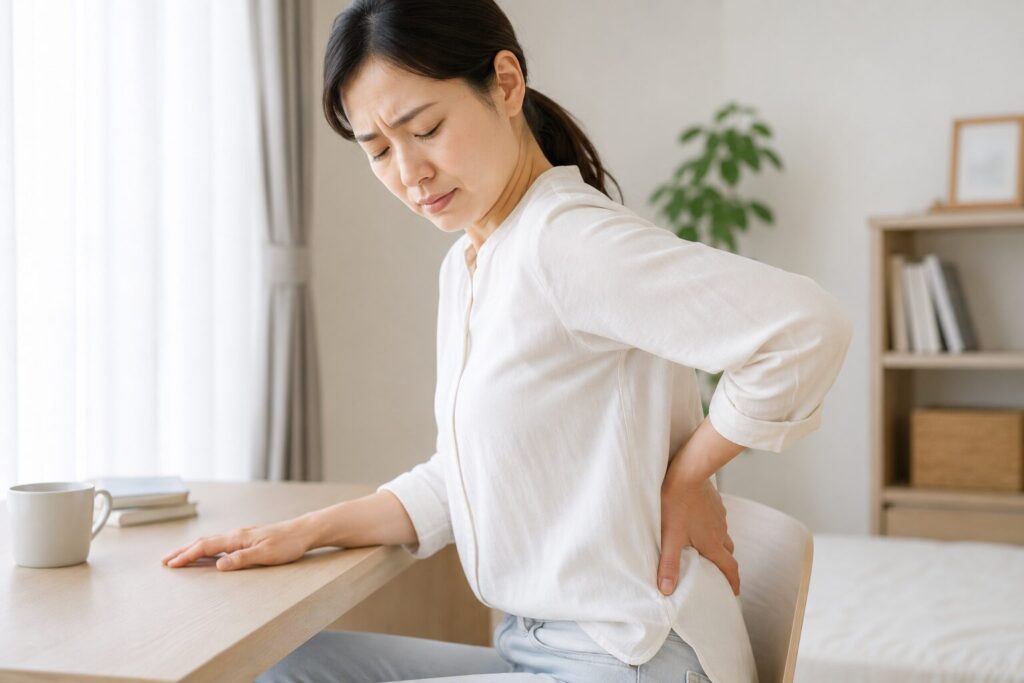 何度施術を受けても腰痛を繰り返し、デスクワーク中に腰を押さえて悩む女性のイメージ画像