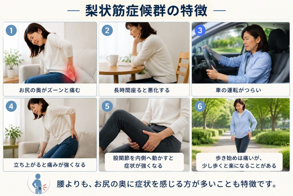 梨状筋症候群の特徴として、お尻の痛みや長時間の座位、車の運転などで症状が悪化する様子をまとめた図
